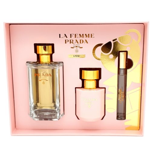 Prada La Femme L'eau Gift Set 100ml Eau de Toilette, 10ml Eau de Toilette Roll-On, 100ml Satin Body Lotion